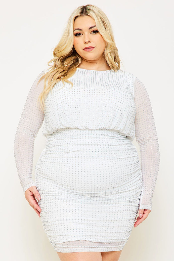 RHINESTONE ROUND NECK PLUS SIZE MINI DRESS