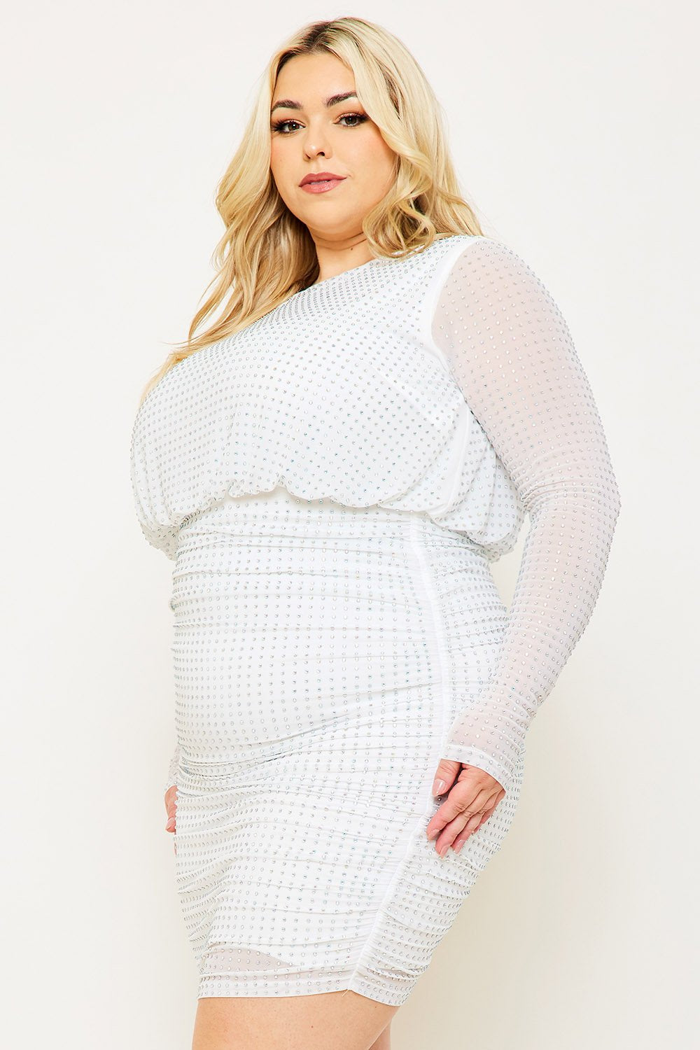 RHINESTONE ROUND NECK PLUS SIZE MINI DRESS