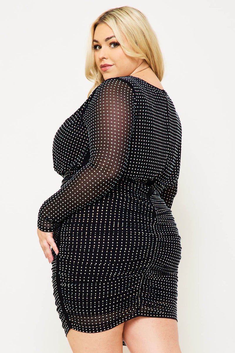 RHINESTONE ROUND NECK PLUS SIZE MINI DRESS