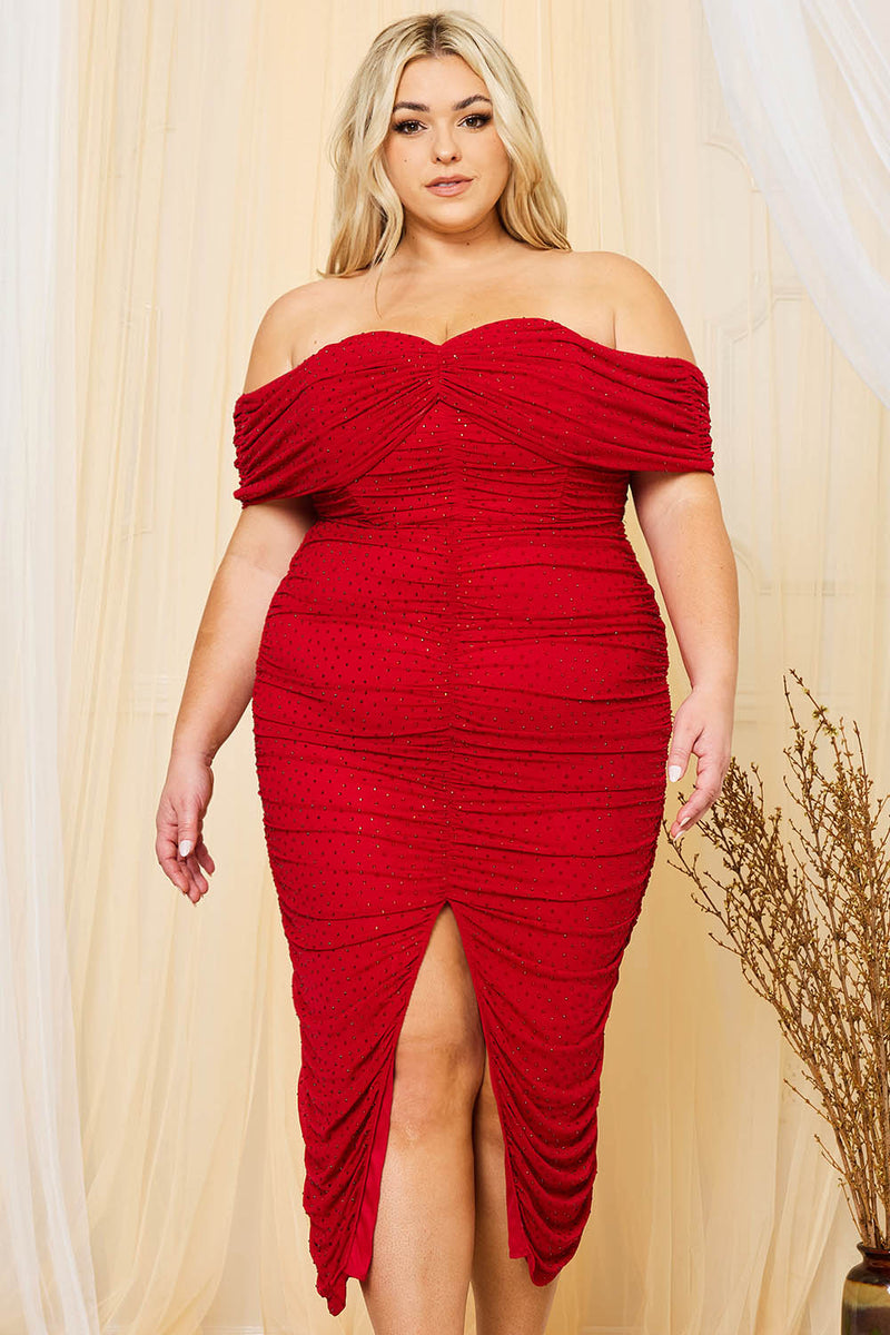 SHIRRING SIDE OFF THE SHOULDER PLUS SIZE MIDI DRESS