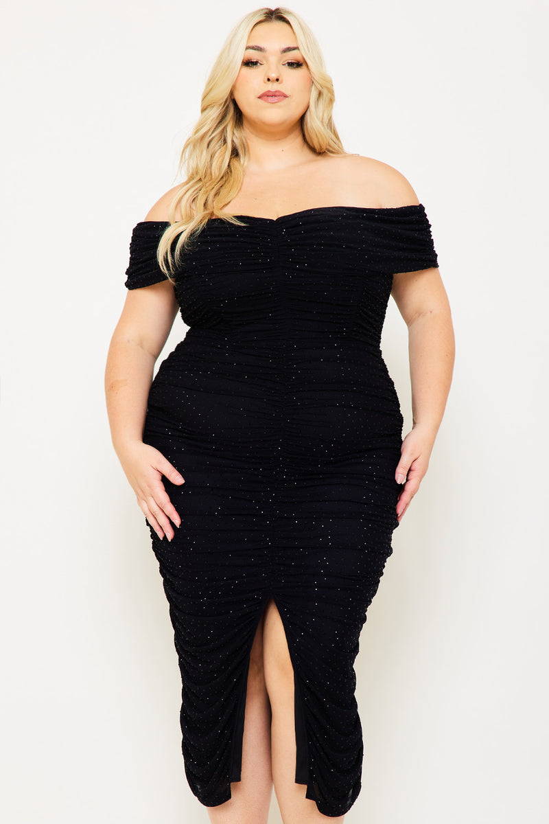 SHIRRING SIDE OFF THE SHOULDER PLUS SIZE MIDI DRESS