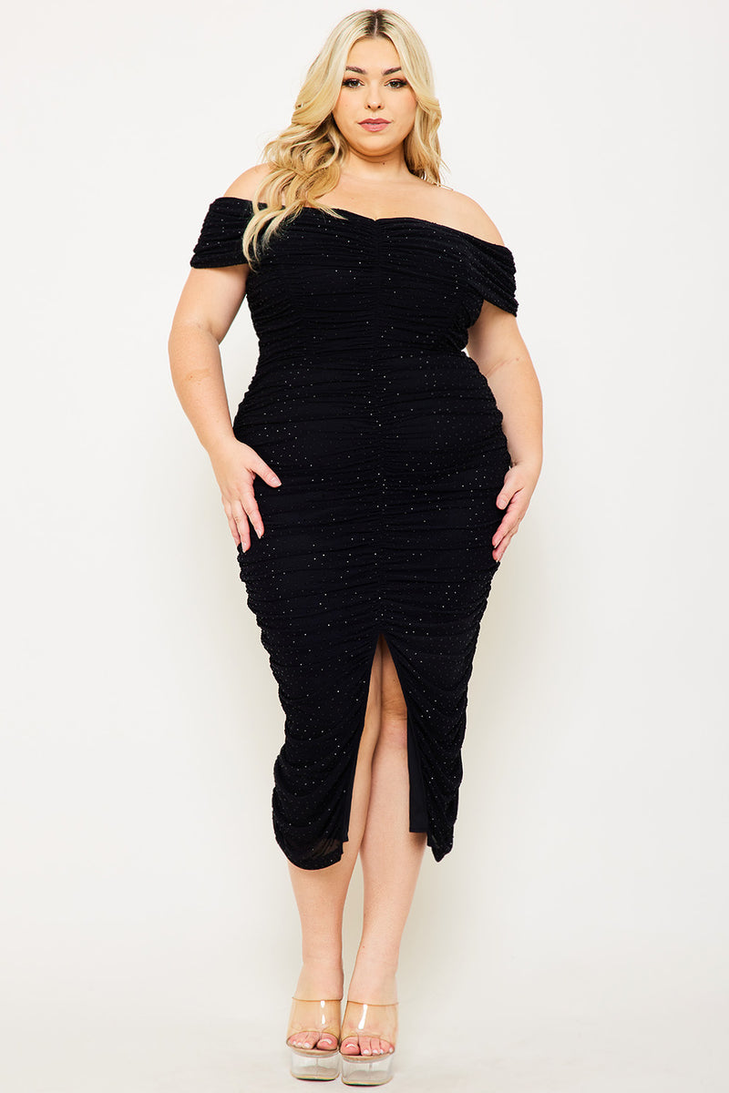 SHIRRING SIDE OFF THE SHOULDER PLUS SIZE MIDI DRESS