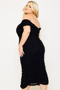 SHIRRING SIDE OFF THE SHOULDER PLUS SIZE MIDI DRESS