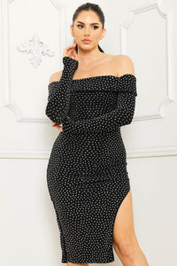 RHINESTONE OFF THE SOULDER MIDI DRESS