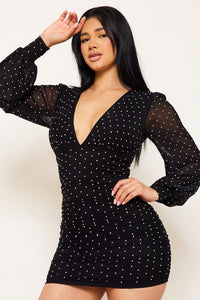 RHINESTONE ON MESH MINI DRESS