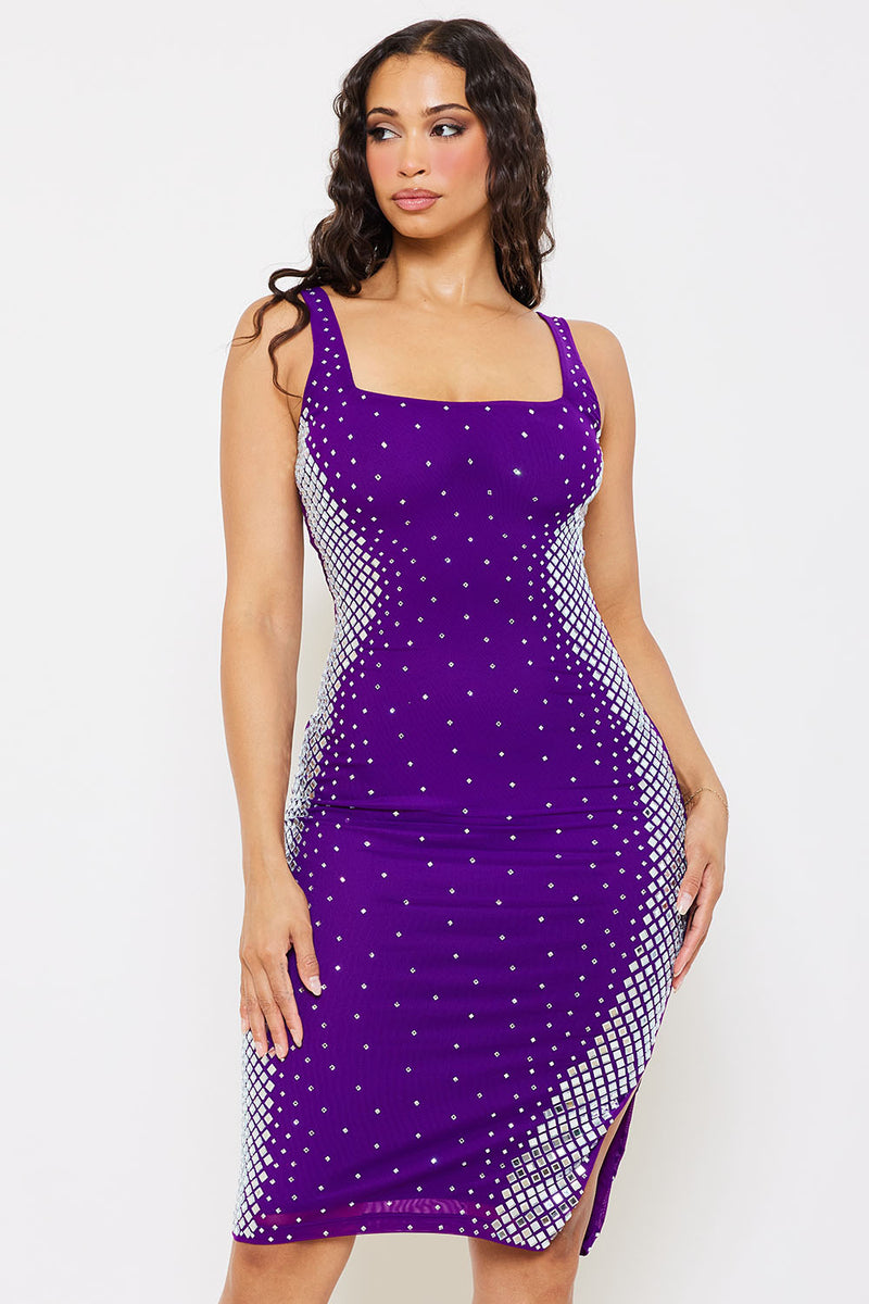 SQUARE RHINESTONE GLUED MIDI DRESS