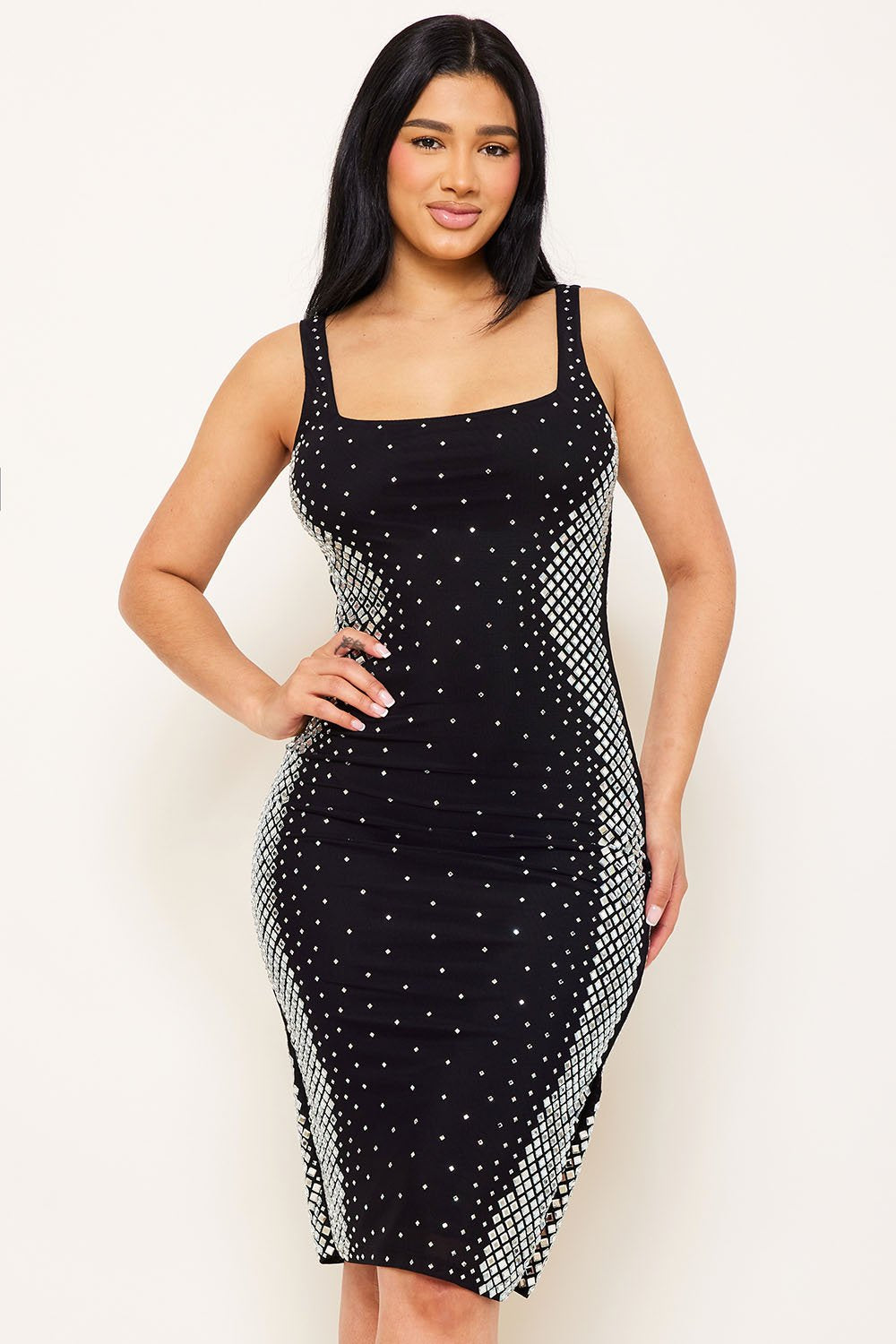 SQUARE RHINESTONE GLUED MIDI DRESS