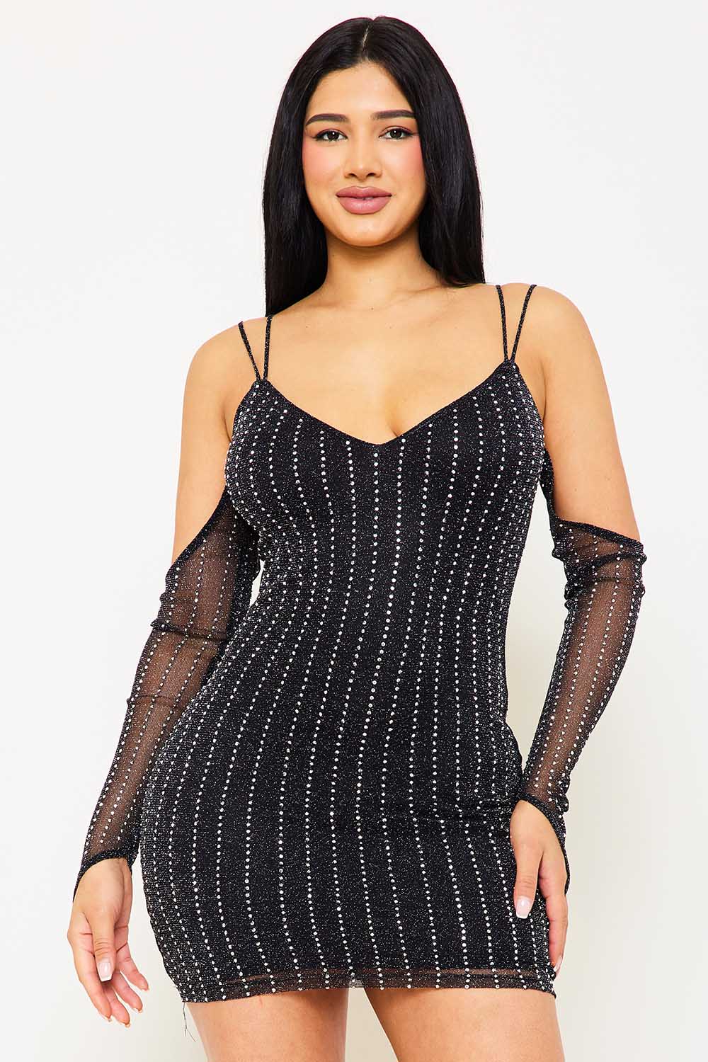 RHINESTONE OPEN SHOULDER MINI DRESS