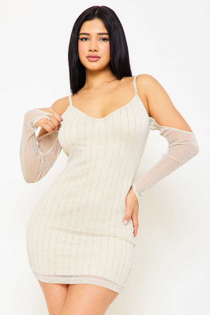 RHINESTONE OPEN SHOULDER MINI DRESS