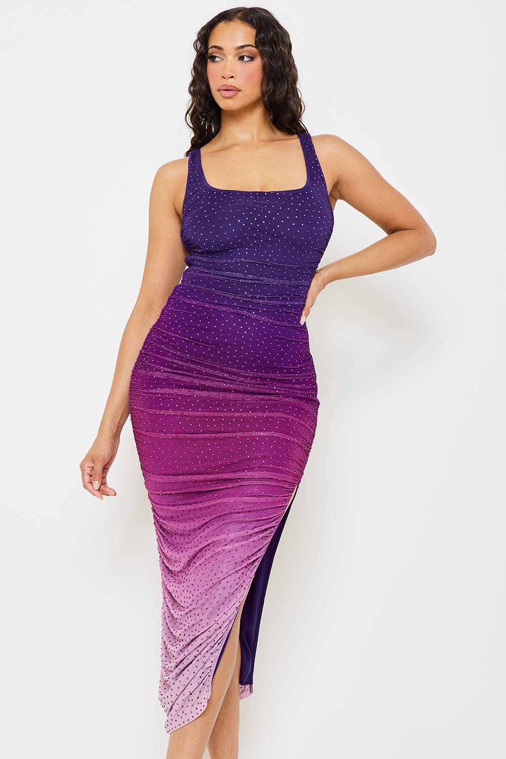 OMBRE RHINESTONE SQUARE NECK MIDI DRESS