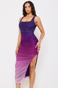 OMBRE RHINESTONE SQUARE NECK MIDI DRESS