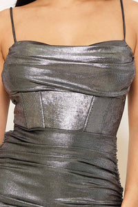 METALLIC FABRIC SHIRRING MIDI DRESS