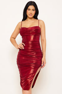 METALLIC FABRIC SHIRRING MIDI DRESS