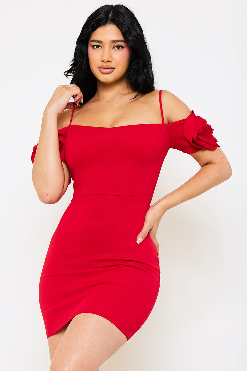 FLOWER FOLDED SLEEVE OFF THE SHOULDER MINI DRESS