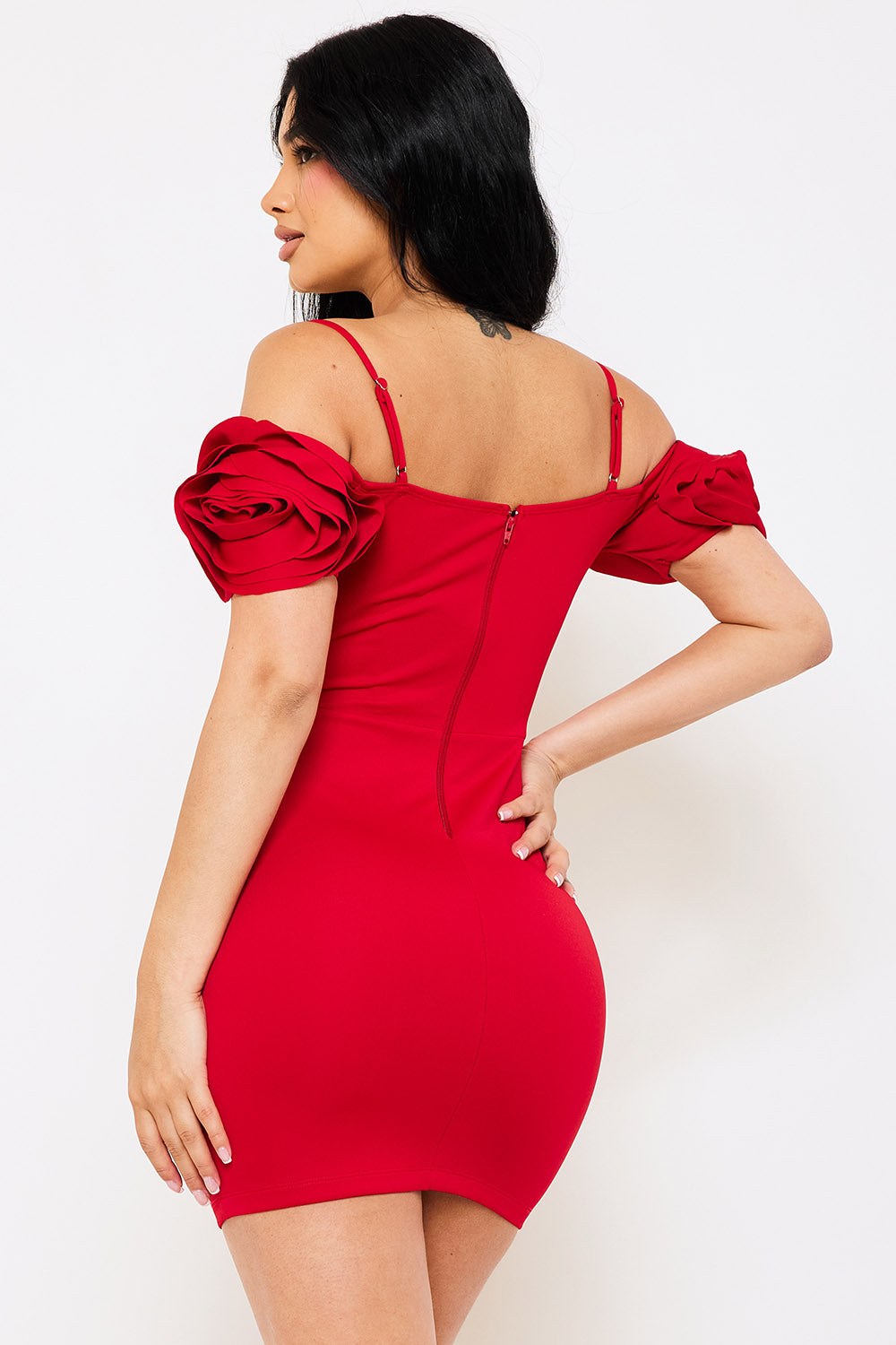 FLOWER FOLDED SLEEVE OFF THE SHOULDER MINI DRESS