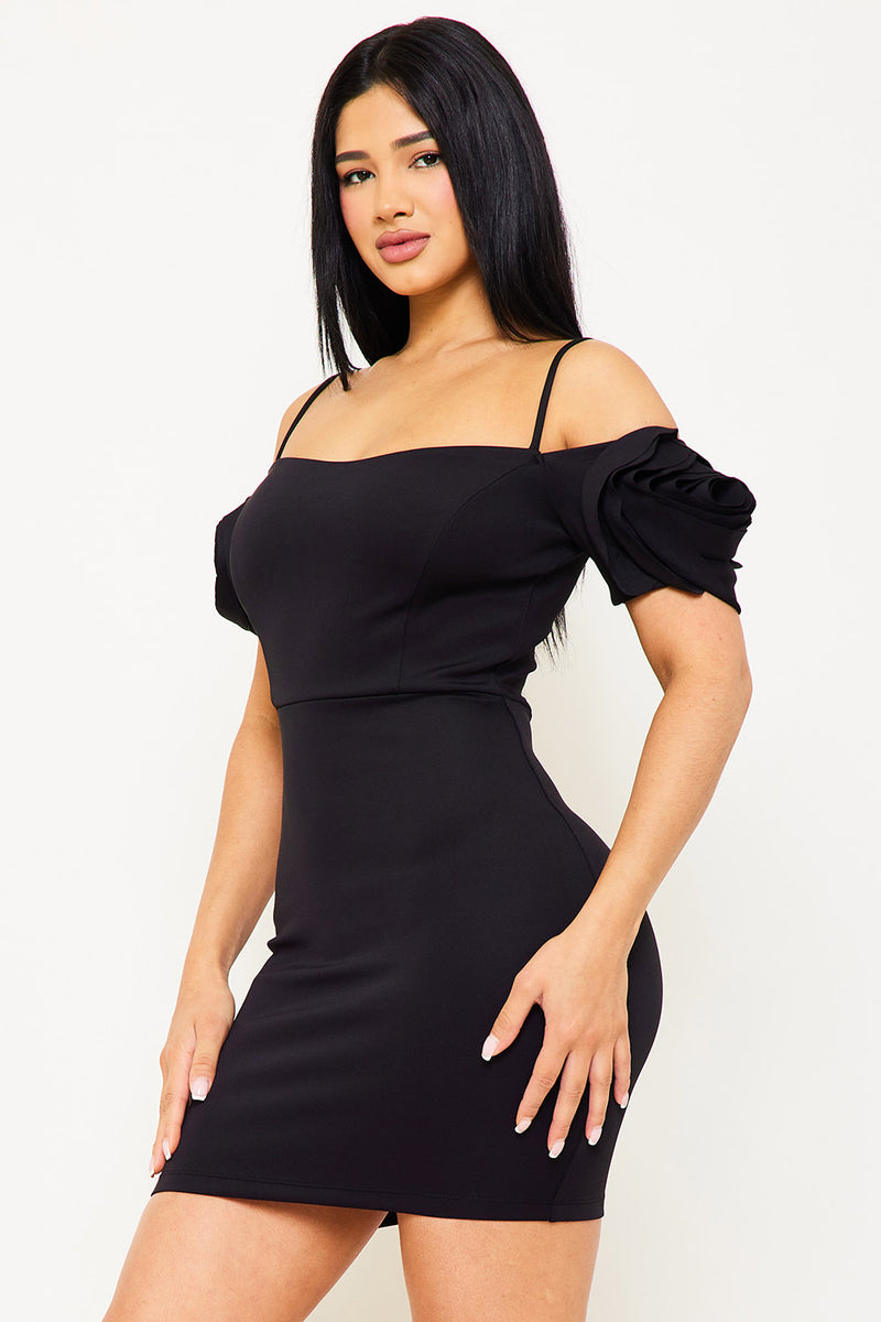 FLOWER FOLDED SLEEVE OFF THE SHOULDER MINI DRESS