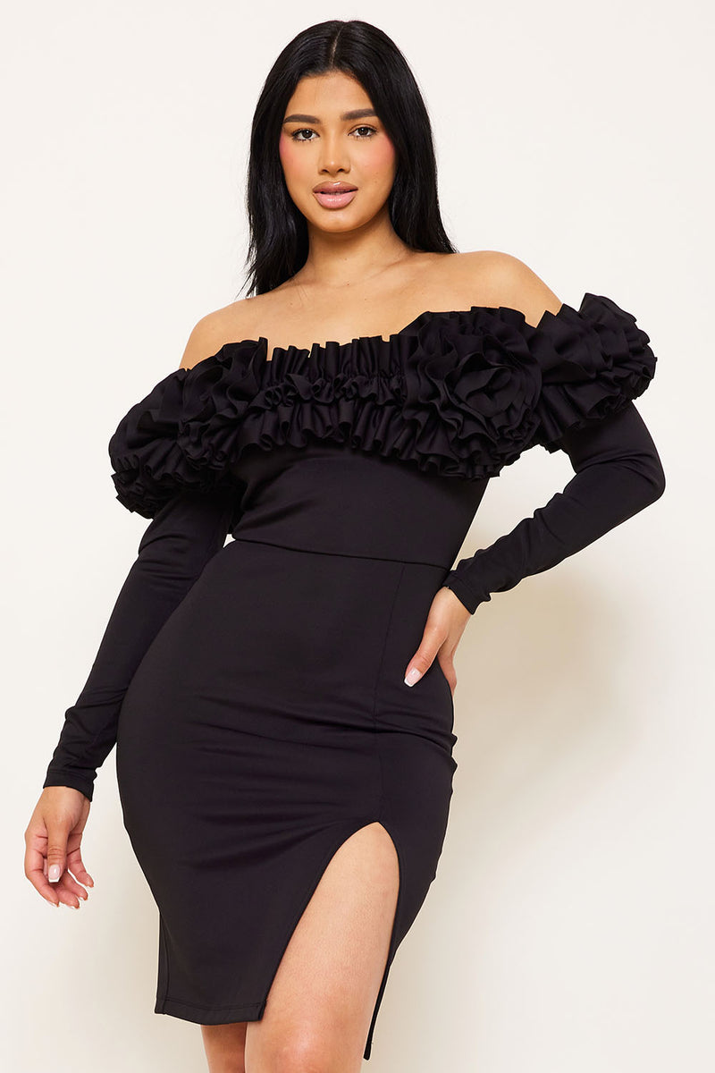 RUFFLE FOLDED OFF THE SHOULDER MIDI DRESS