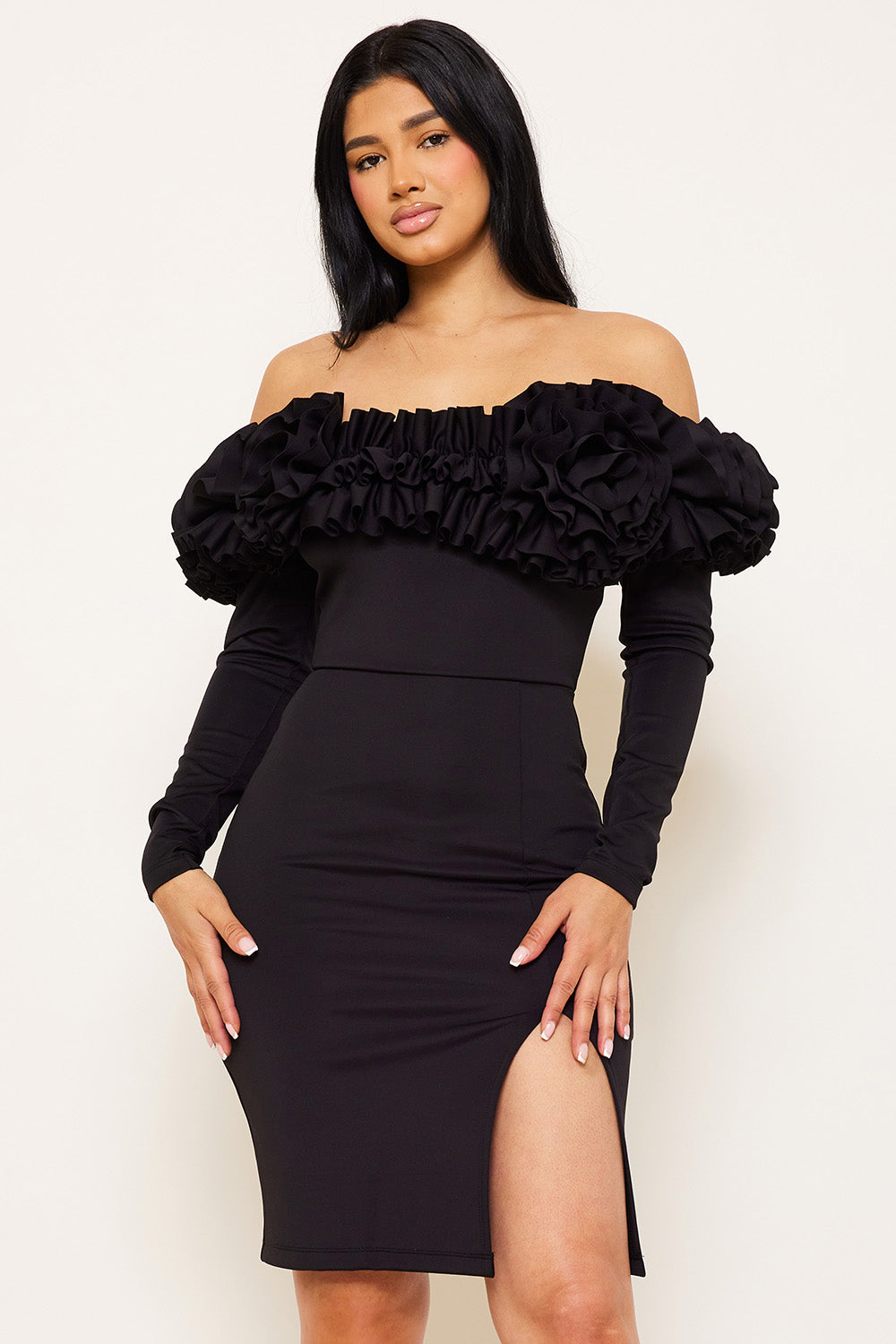 RUFFLE FOLDED OFF THE SHOULDER MIDI DRESS