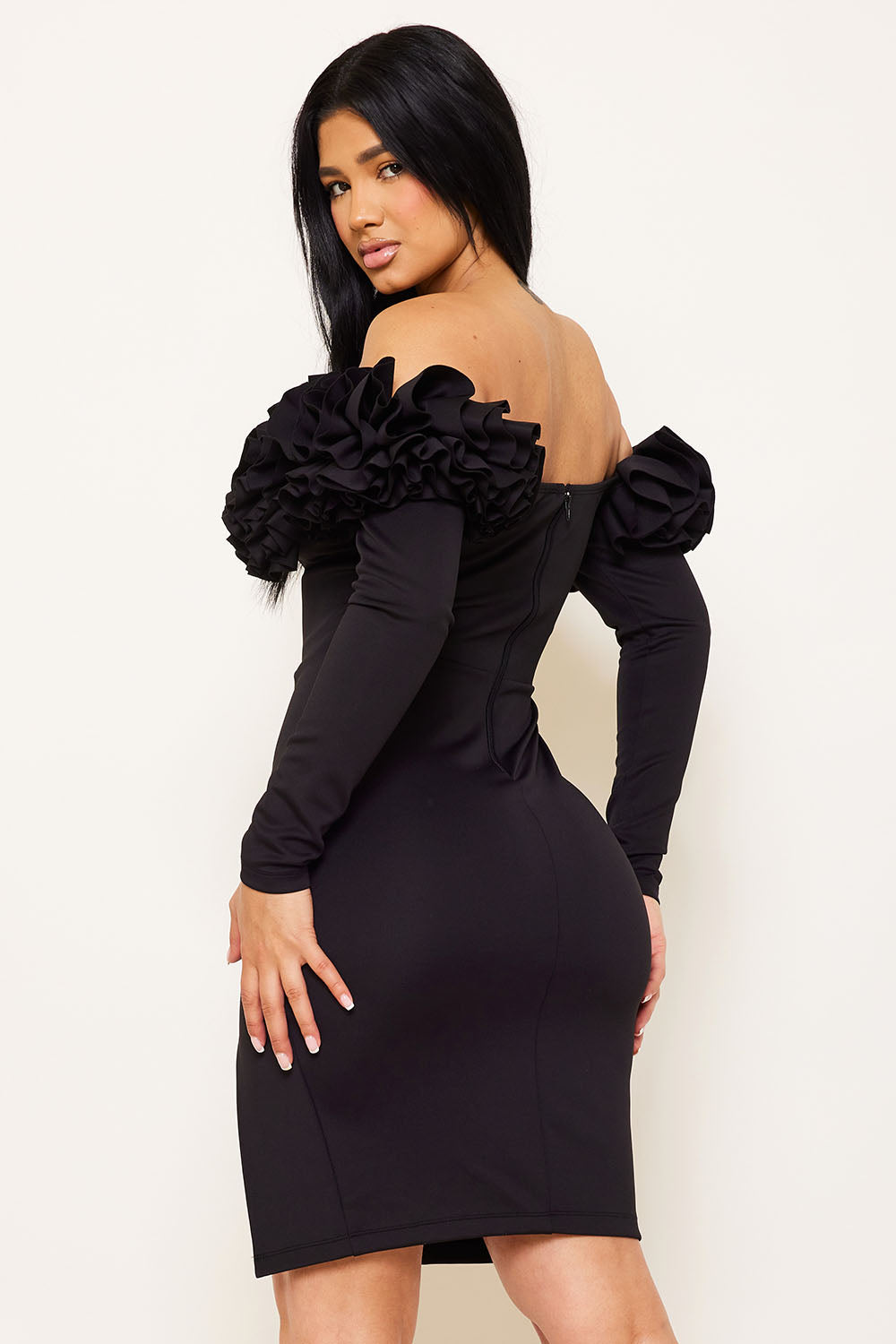 RUFFLE FOLDED OFF THE SHOULDER MIDI DRESS