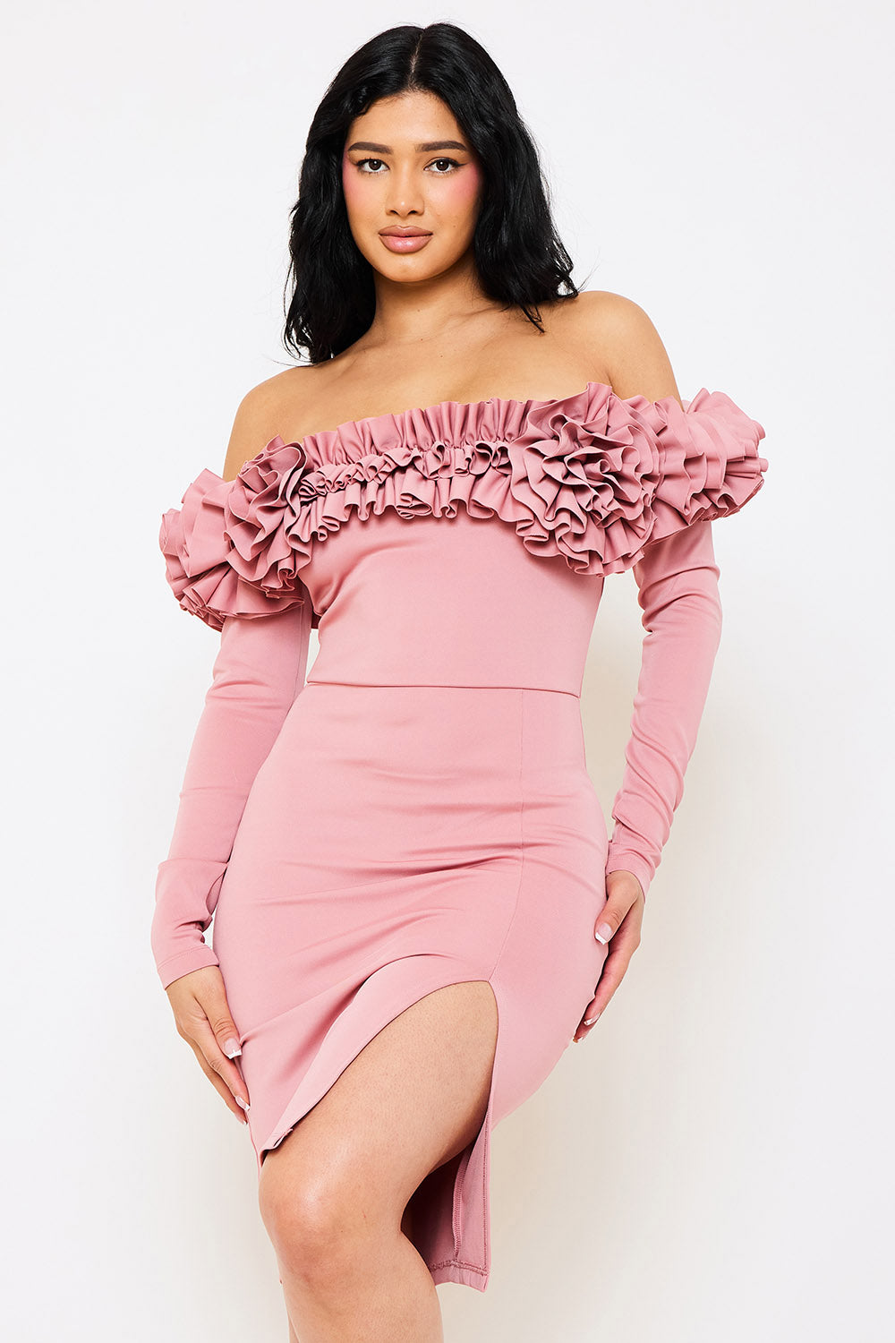 RUFFLE FOLDED OFF THE SHOULDER MIDI DRESS