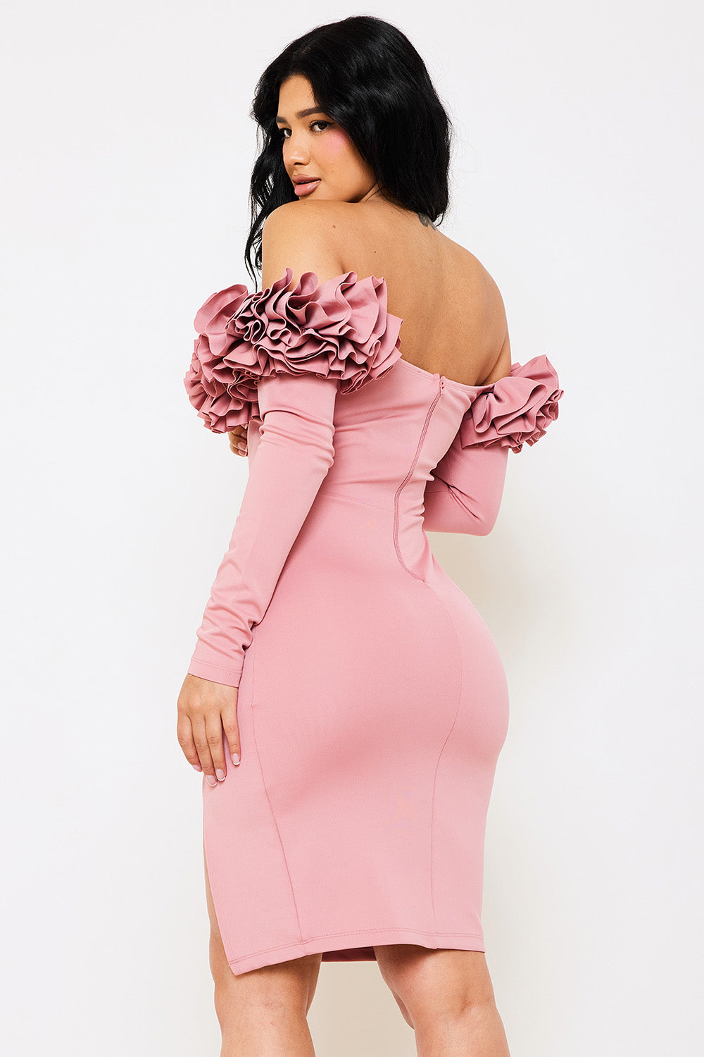 RUFFLE FOLDED OFF THE SHOULDER MIDI DRESS