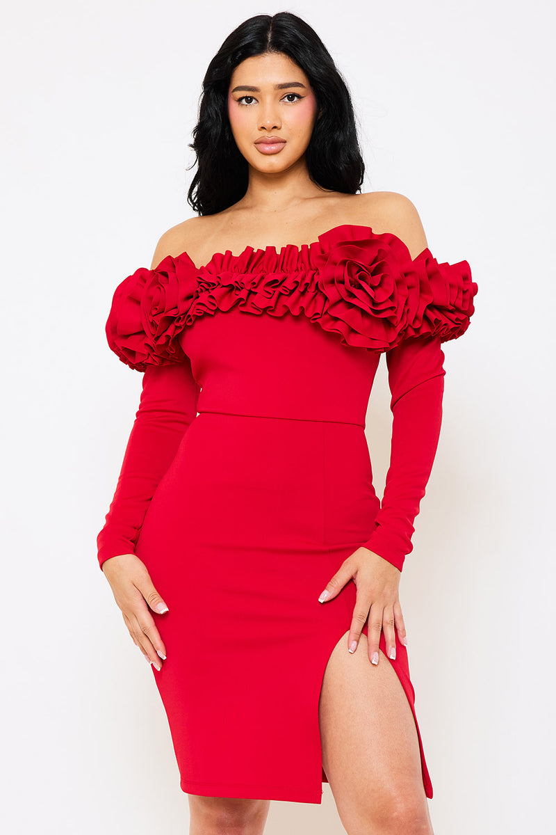 RUFFLE FOLDED OFF THE SHOULDER MIDI DRESS