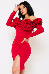 RUFFLE FOLDED OFF THE SHOULDER MIDI DRESS