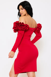 RUFFLE FOLDED OFF THE SHOULDER MIDI DRESS