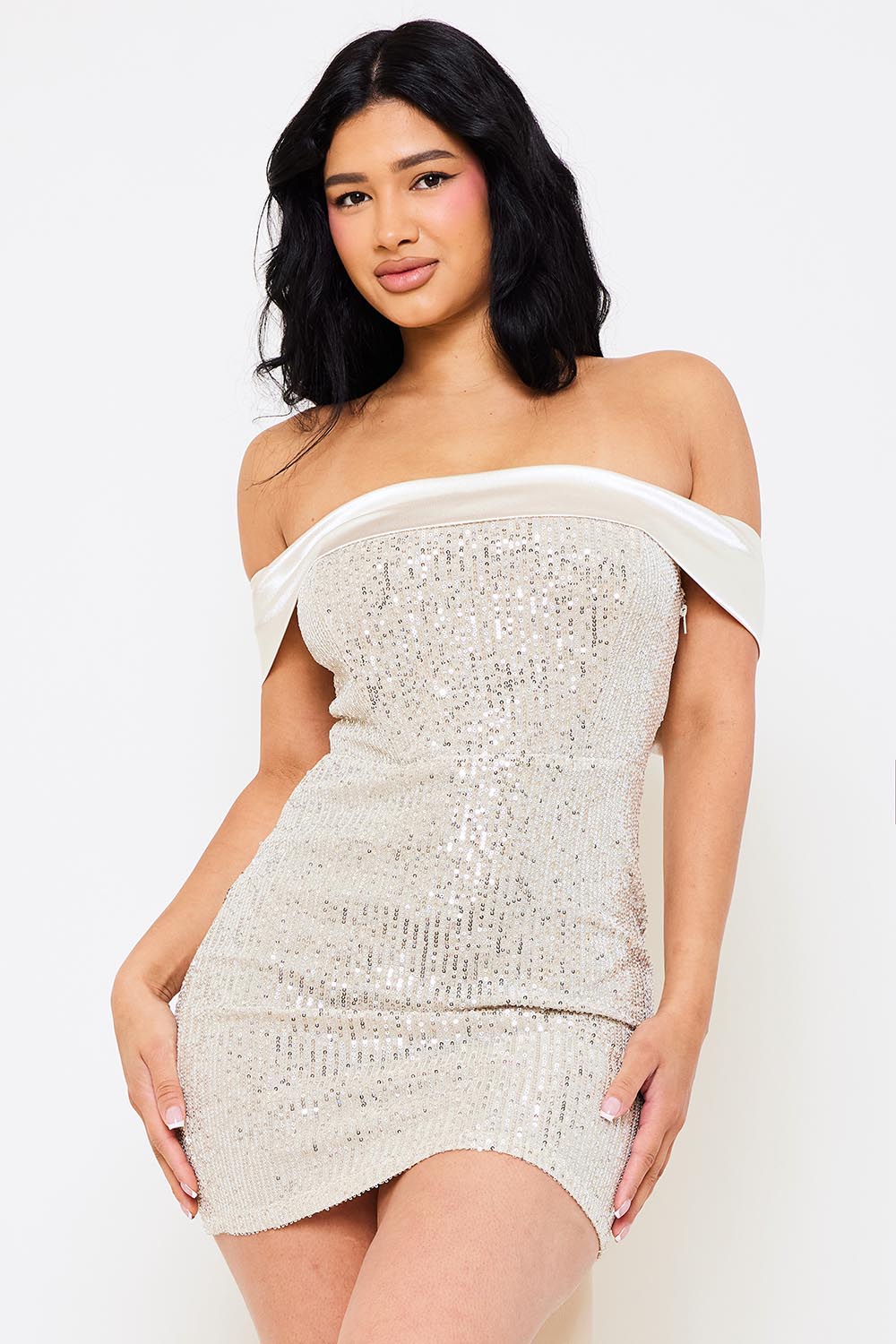 SEQUIN WITH STAIN OFF THE SHOULDER MINI DRESS