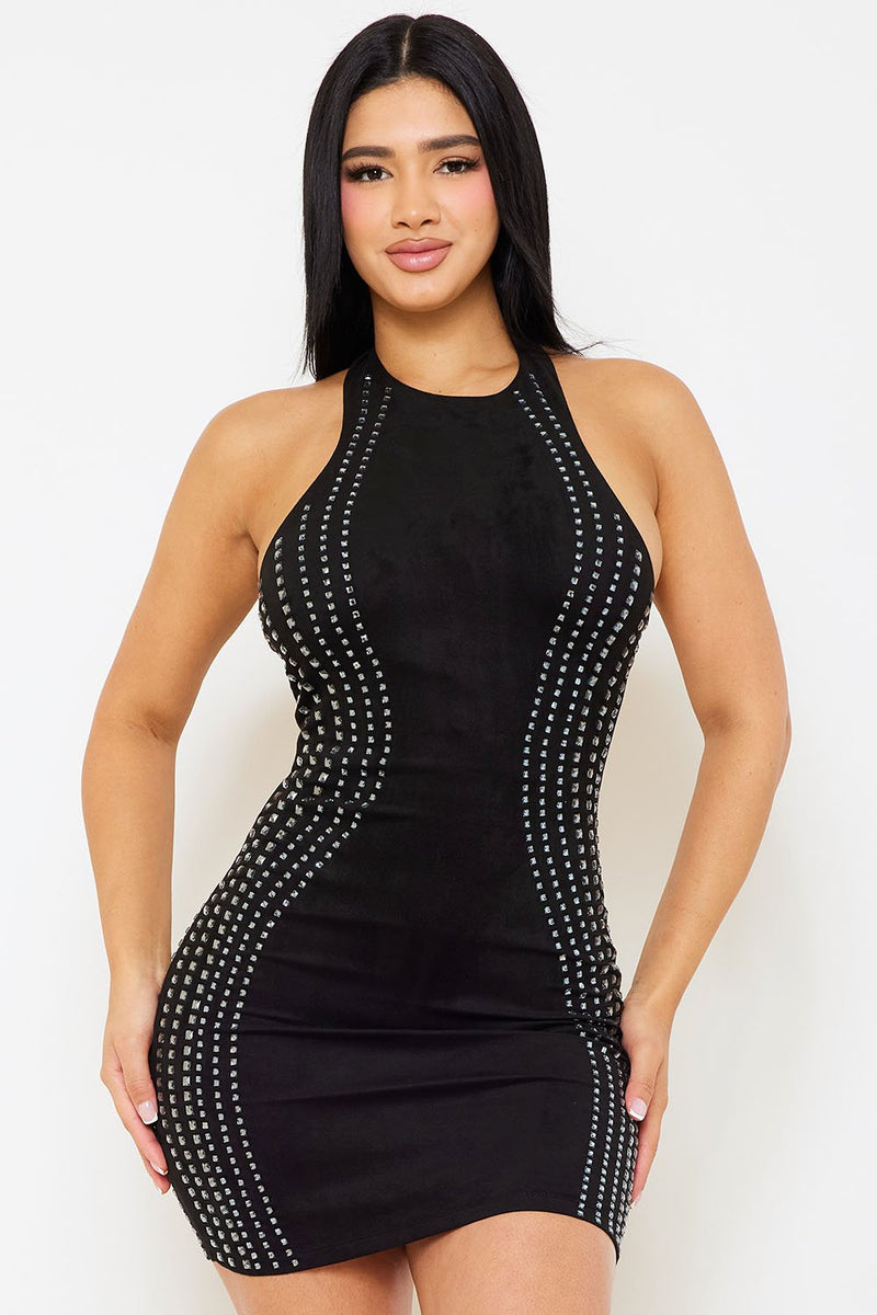 MULTI RHINESTONE STRAP SUADE MINI DRESS