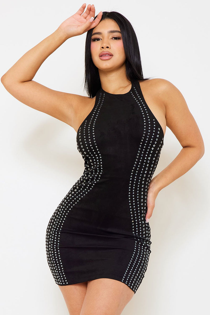 MULTI RHINESTONE STRAP SUADE MINI DRESS