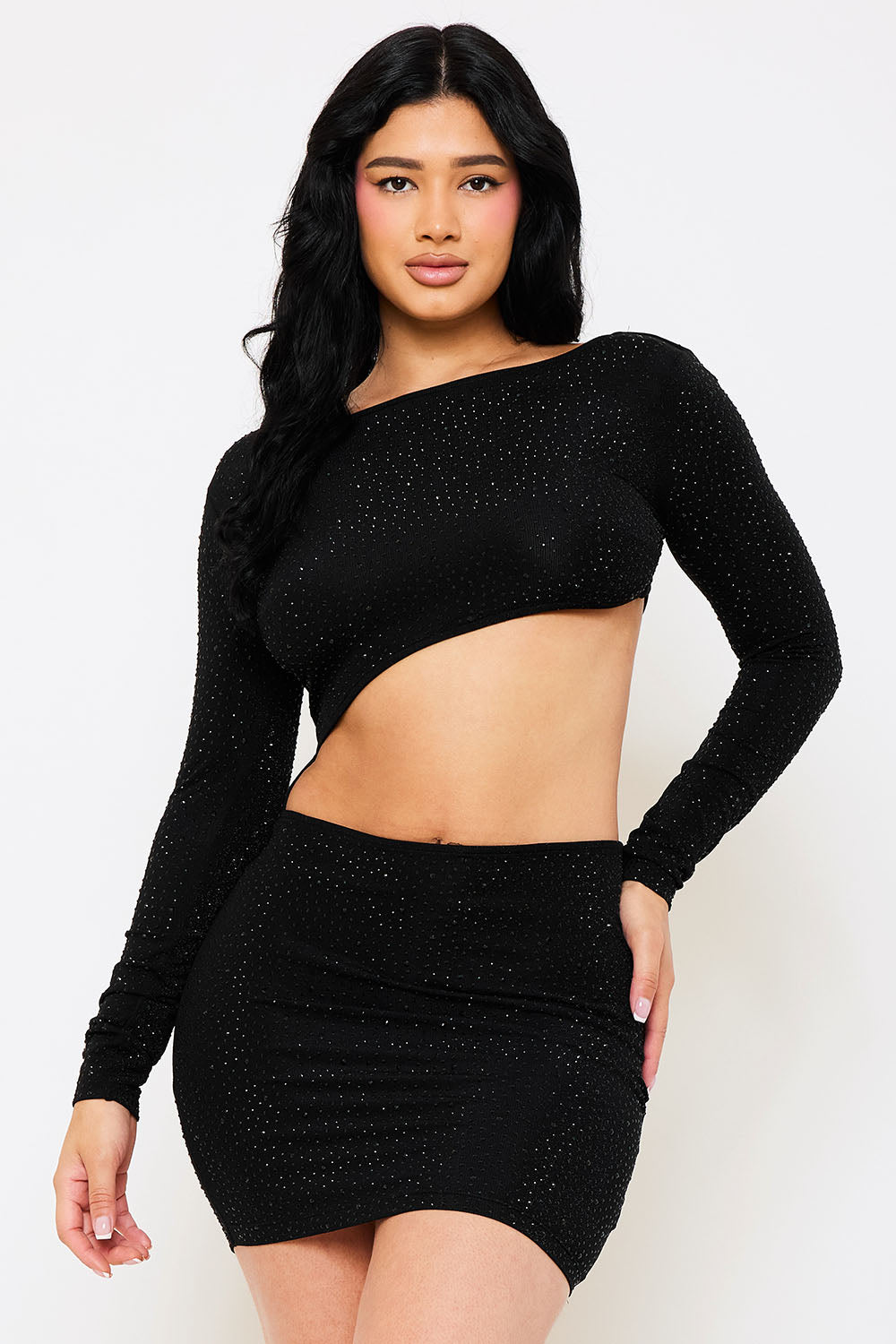 RHINESTONE CUTOUT WAIST MINI DRESS