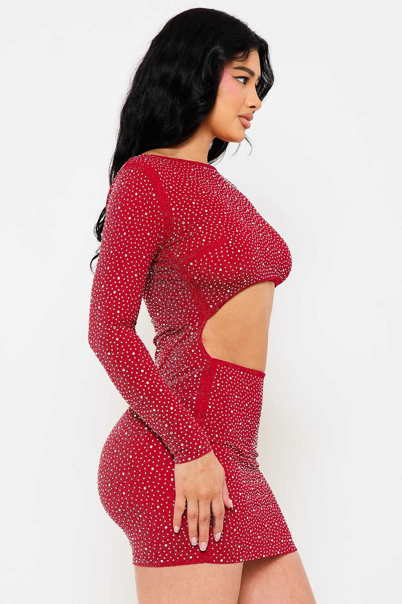 RHINESTONE CUTOUT WAIST MINI DRESS