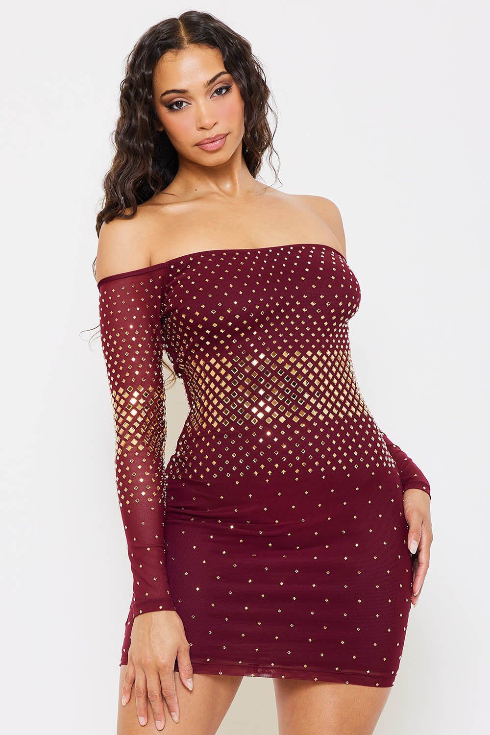 POWER MESH WITH GOLD FOIL BODYCON MINI DRESS