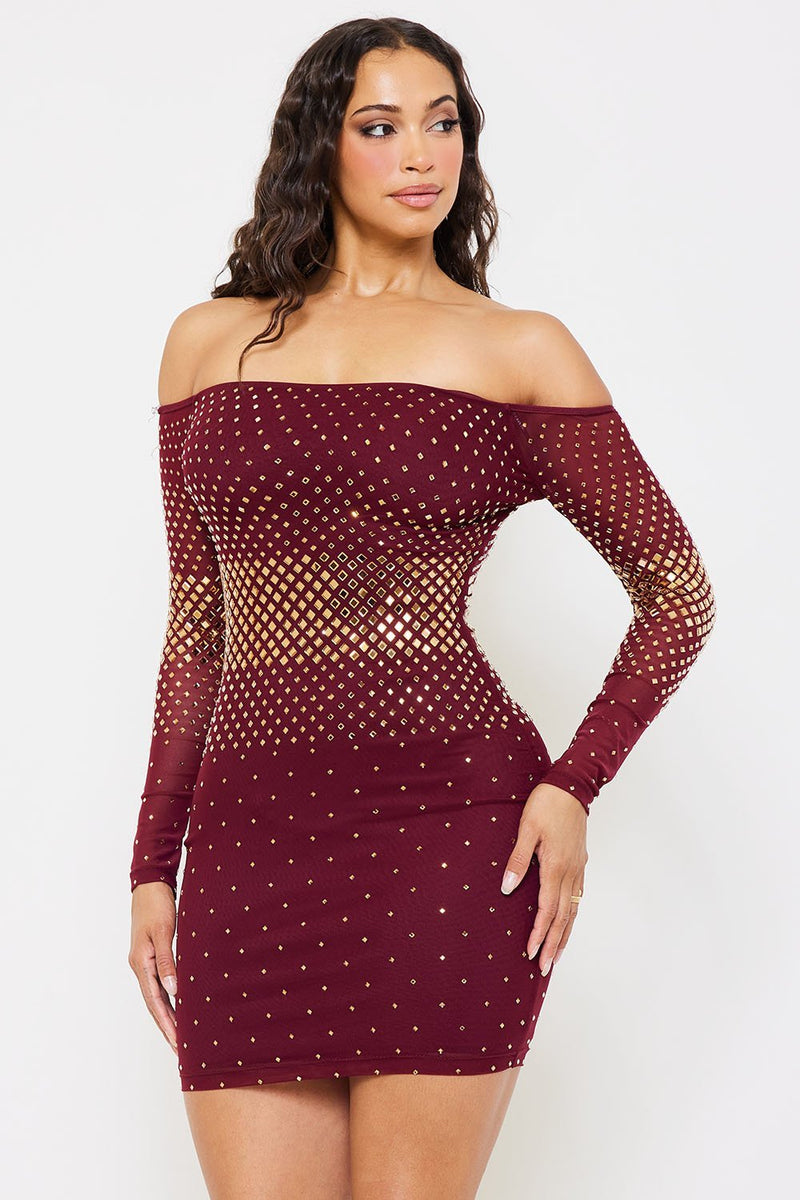 POWER MESH WITH GOLD FOIL BODYCON MINI DRESS