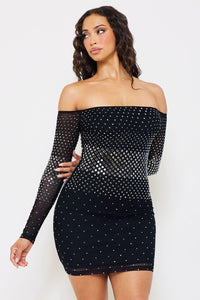 POWER MESH WITH GOLD FOIL BODYCON MINI DRESS