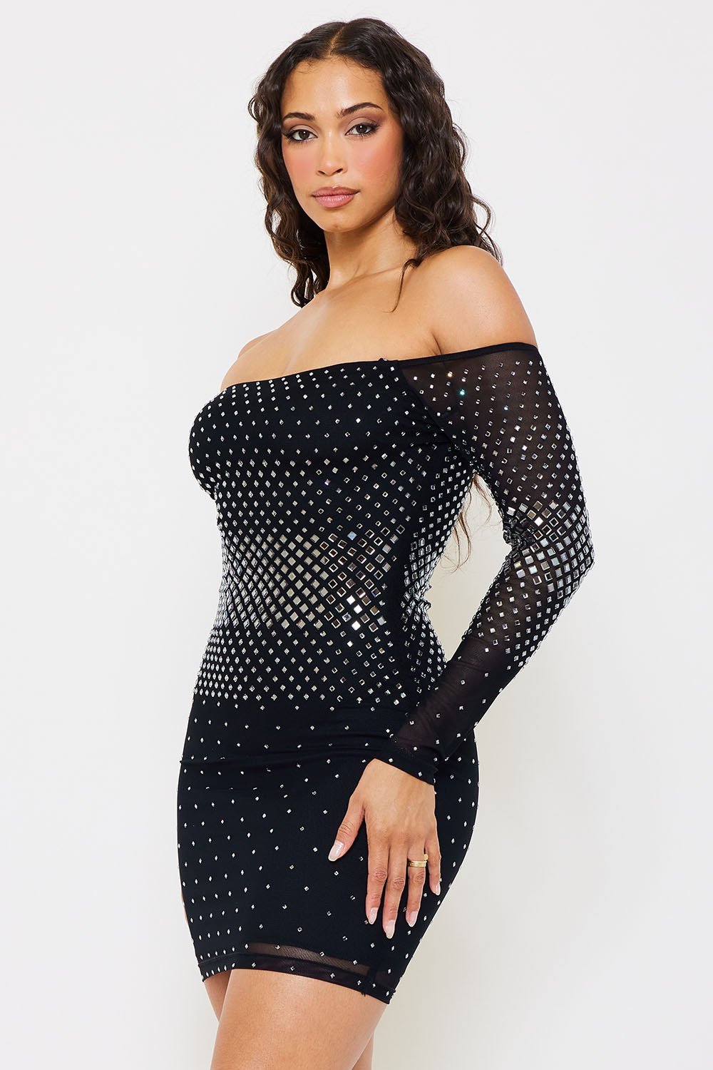 POWER MESH WITH GOLD FOIL BODYCON MINI DRESS