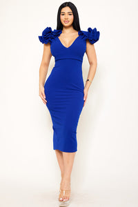 RUFFLE DETAIL SHOULDER MIDI DRESS