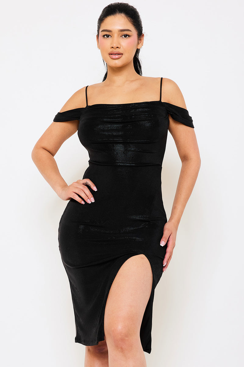 SHIMMER SATIN OFF THE SHOULDER MIDI DRESS