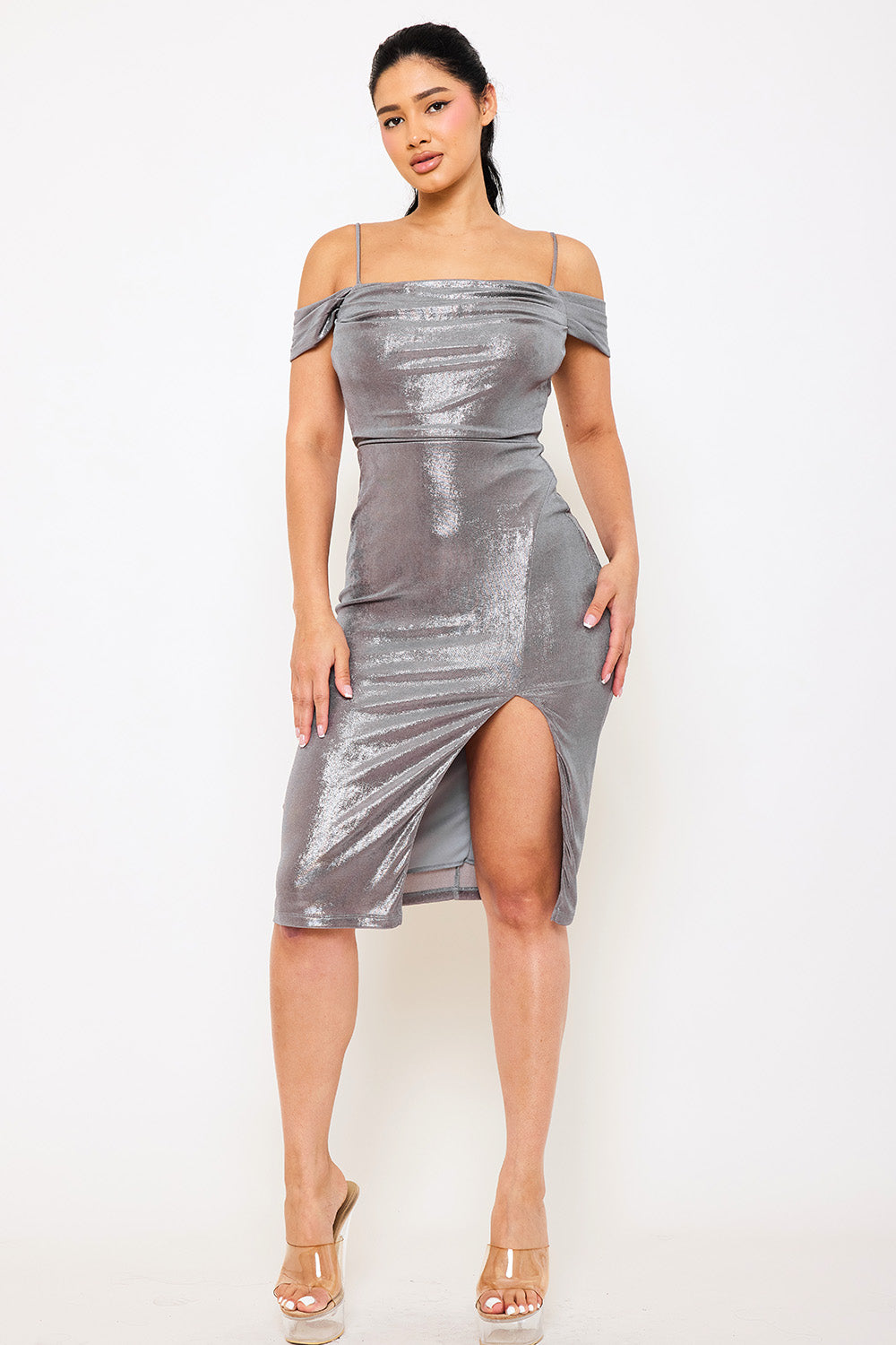 SHIMMER SATIN OFF THE SHOULDER MIDI DRESS