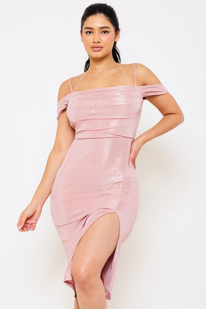 SHIMMER SATIN OFF THE SHOULDER MIDI DRESS