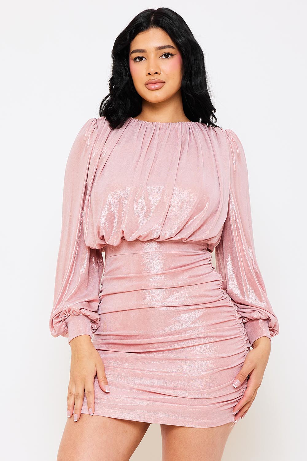 METALLIC FOIL PLEATED MINI DRESS