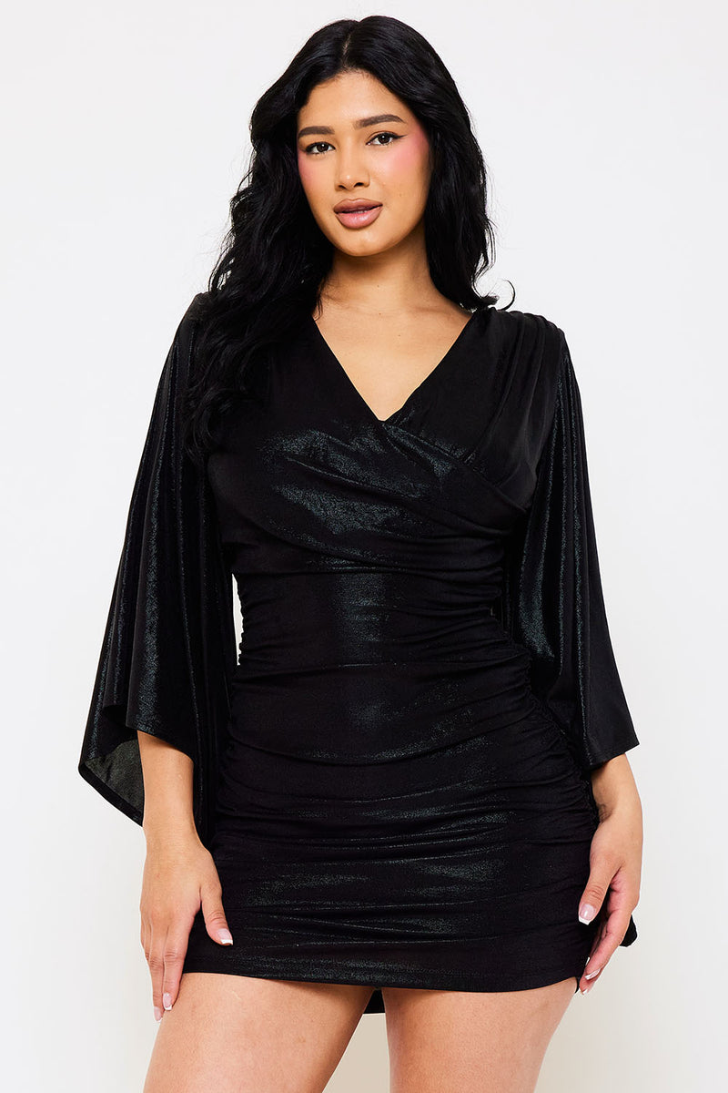 METALLIC BELL SLEEVE RUCHED MINI DRESS