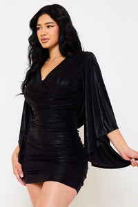 METALLIC BELL SLEEVE RUCHED MINI DRESS