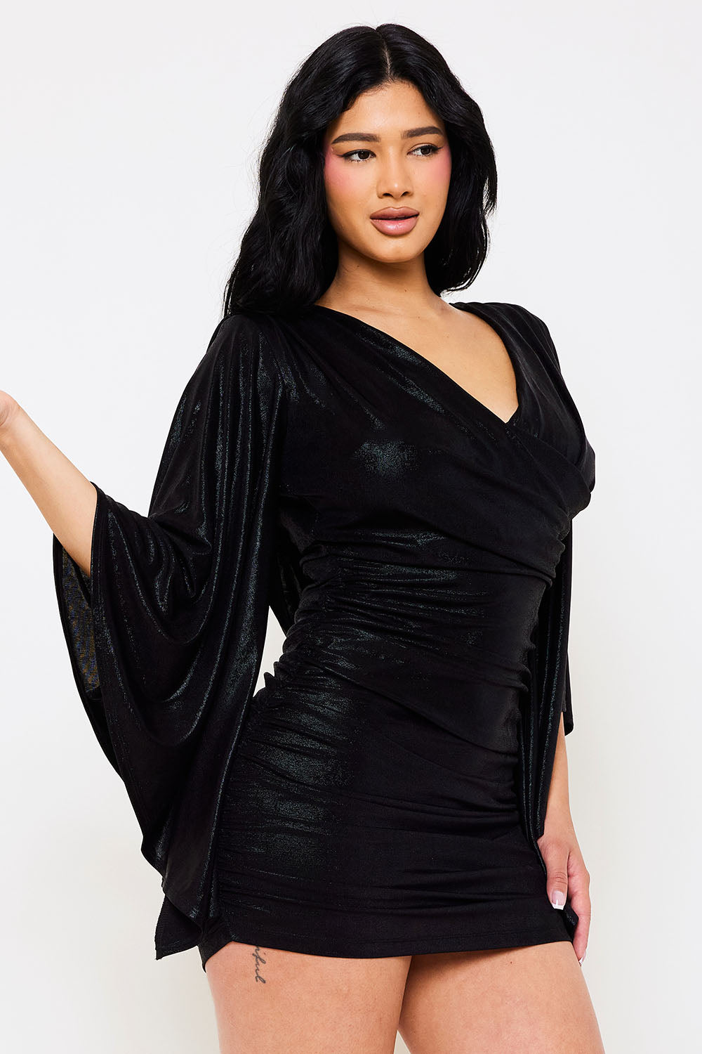 METALLIC BELL SLEEVE RUCHED MINI DRESS