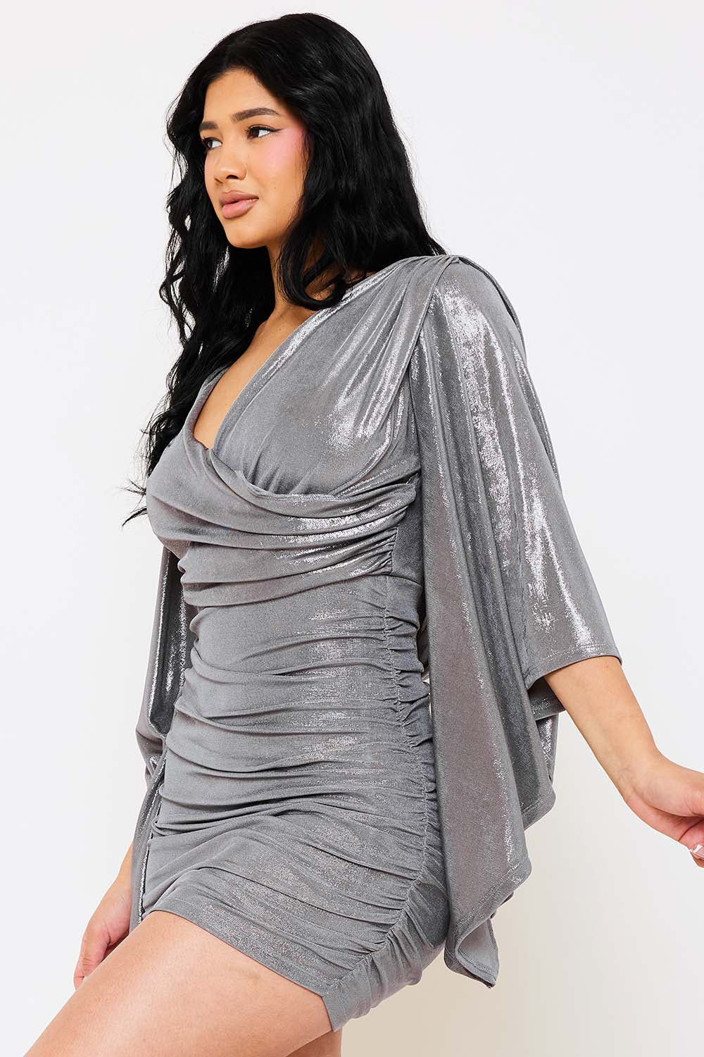 METALLIC BELL SLEEVE RUCHED MINI DRESS