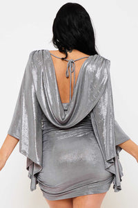 METALLIC BELL SLEEVE RUCHED MINI DRESS