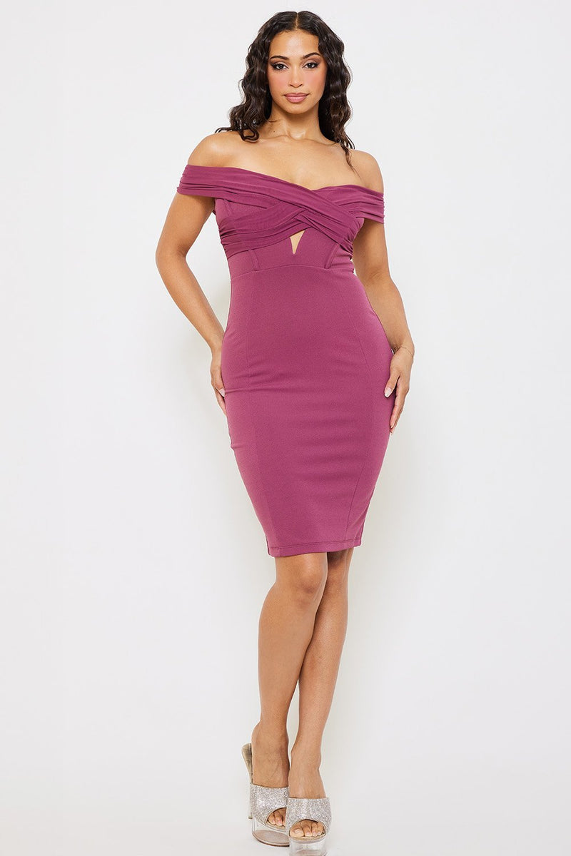 MESH WITH TECHNO CREPE MIDI DRESS