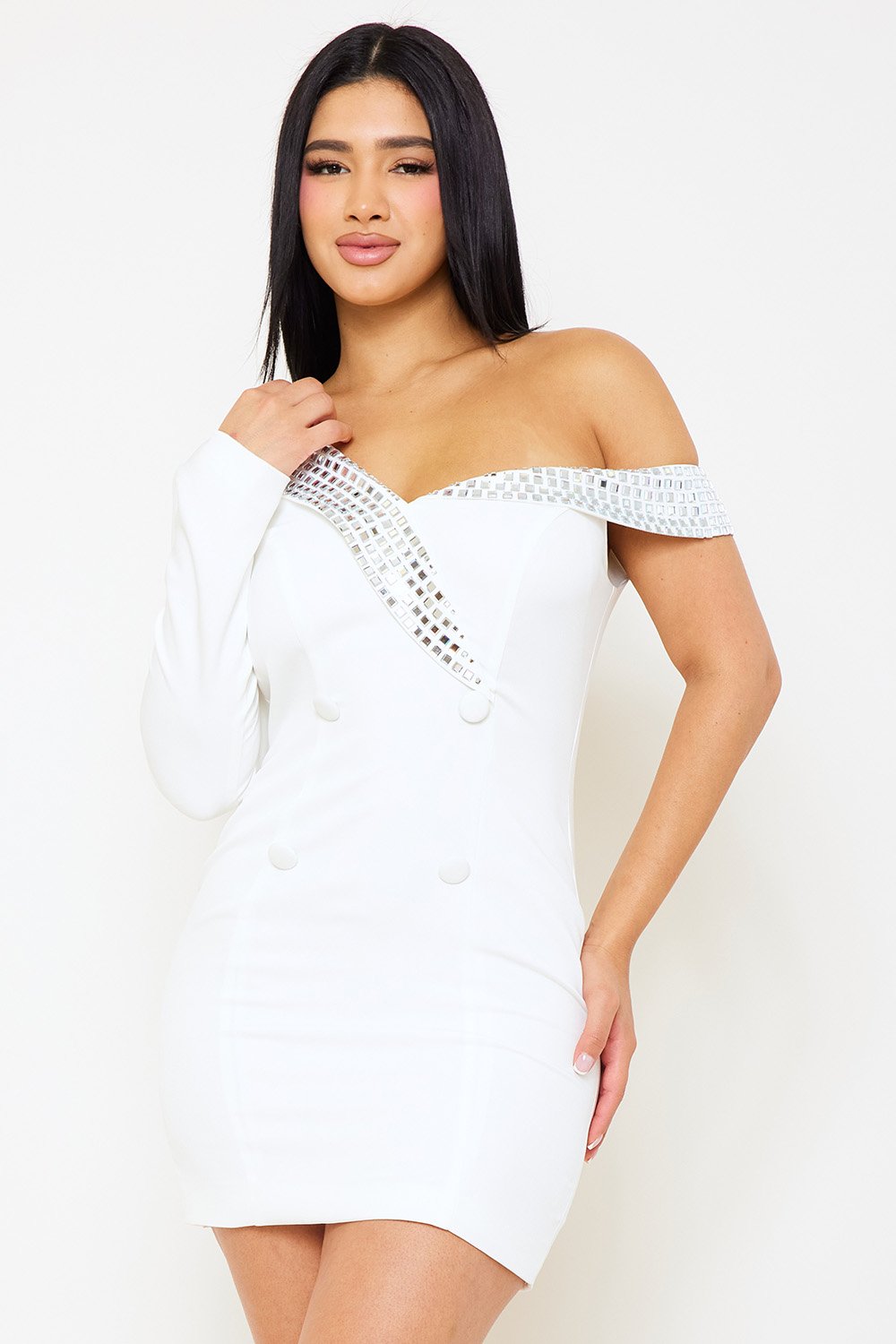 RHINESTONE ONE SHOULDER SUIT MINI DRESS