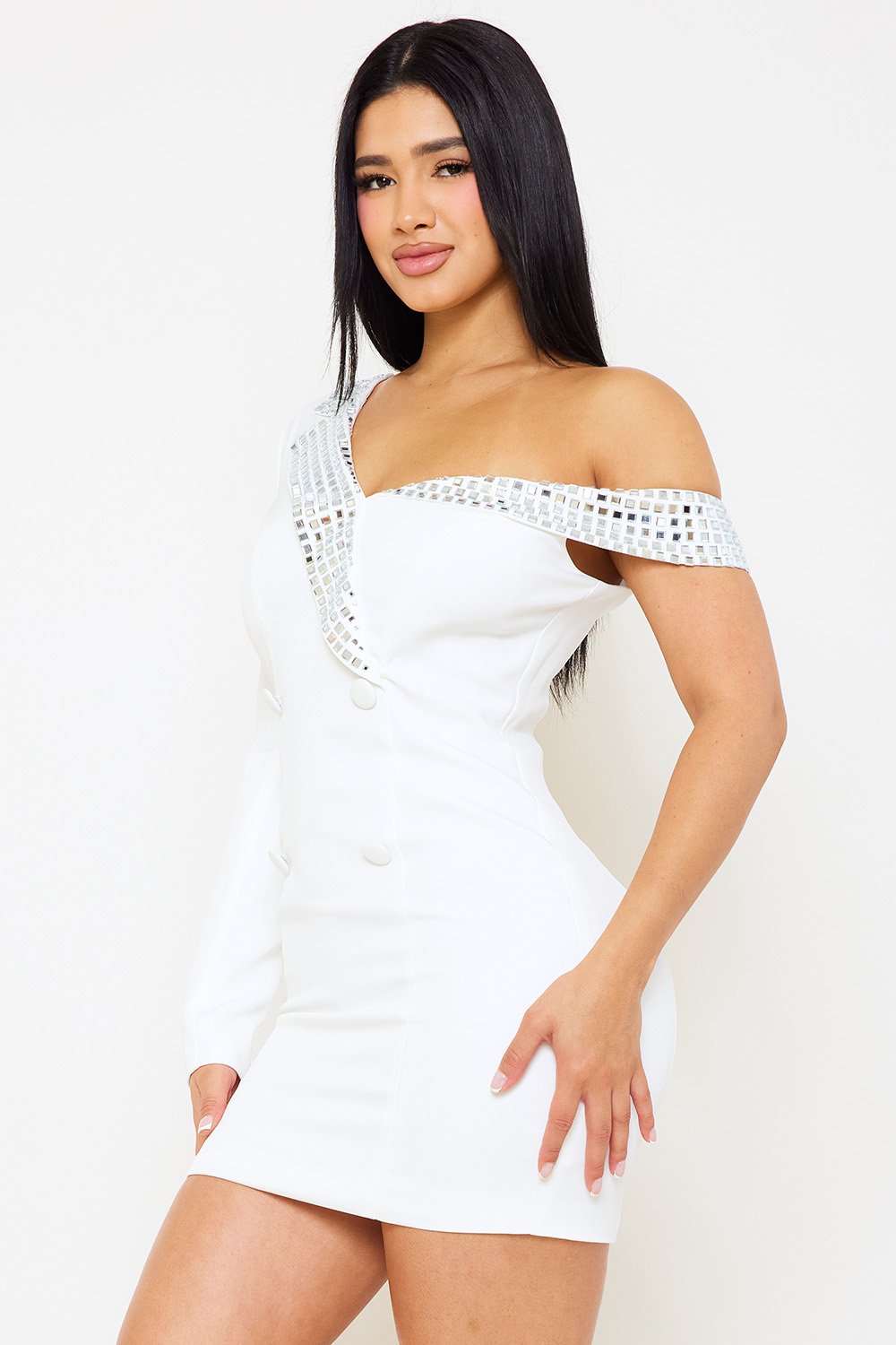 RHINESTONE ONE SHOULDER SUIT MINI DRESS